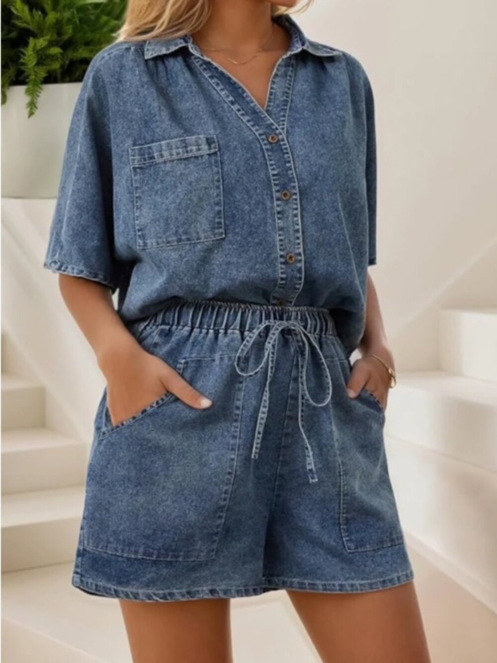 ZILCREMO Denim Short Sleeve and Short - Light Blue Wash XL NWT